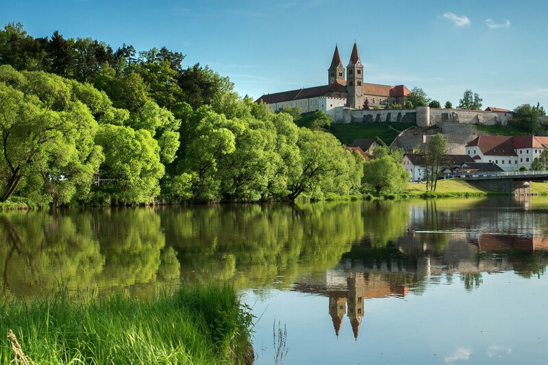 Castle on Hill by River — Green, Serene, Afternoon, Photograph