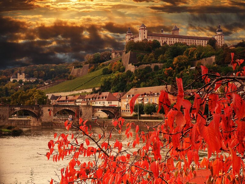 Castle on Hill by River — Red
