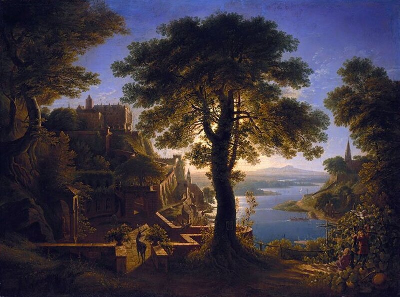 Castle on Hillside — Blue, Serene, Sunset