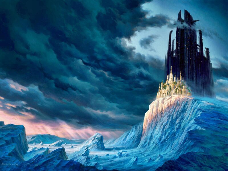 Castle on Ice Cliff — Blue, Dramatic, Night, Digital Art, Clouds, Sea