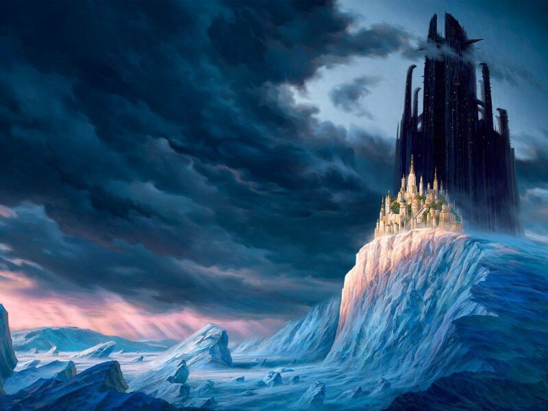 Castle on Icy Cliff — Blue, Dramatic, Night, Digital Art, Clouds, Ice, Mountain, White