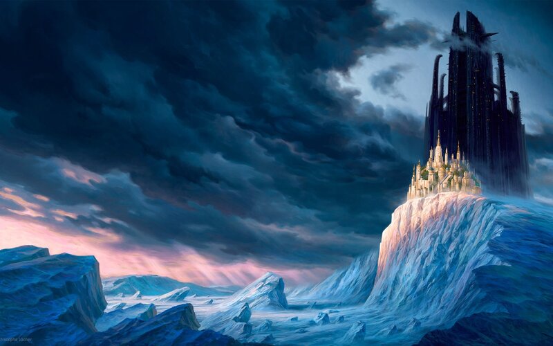 Castle on Icy Cliff — Blue, Dramatic, Night, Digital Art, Clouds