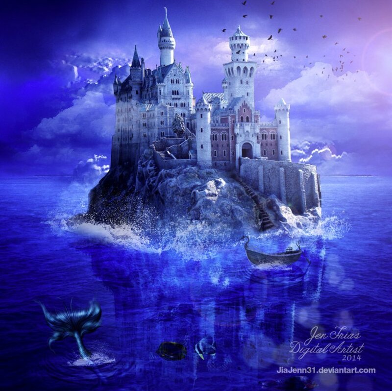 Castle on Island — Blue, Fantasy, Night