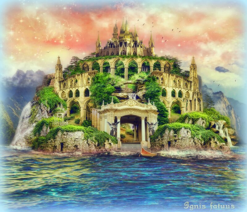 Castle on Island — Blue, Fantasy, Sunset