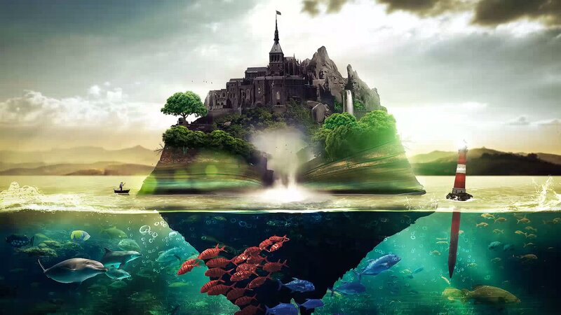 Castle on Island — Green, Fantastical
