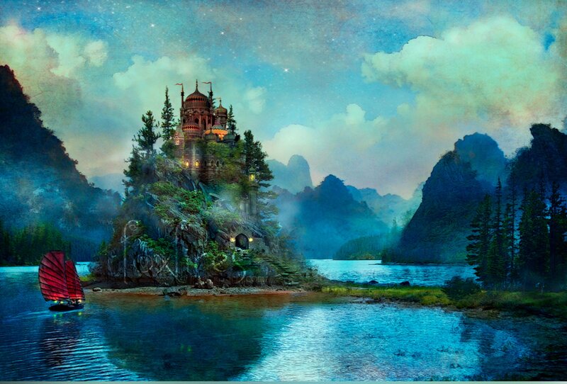 Castle on Island in Lake — Blue