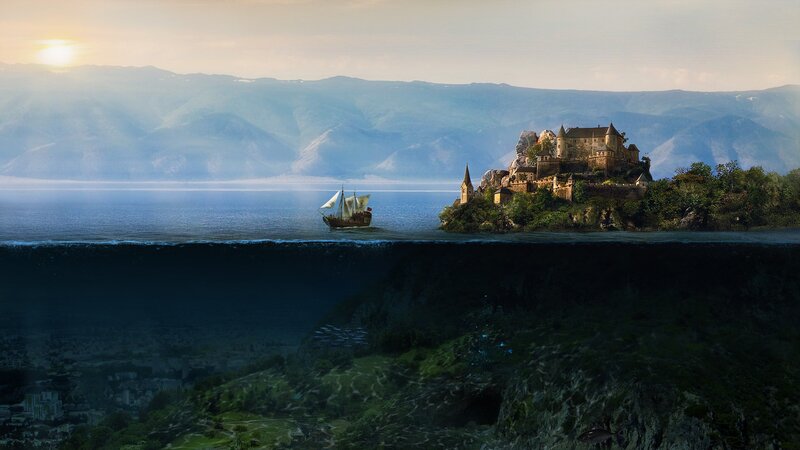 Castle on Island with Ship