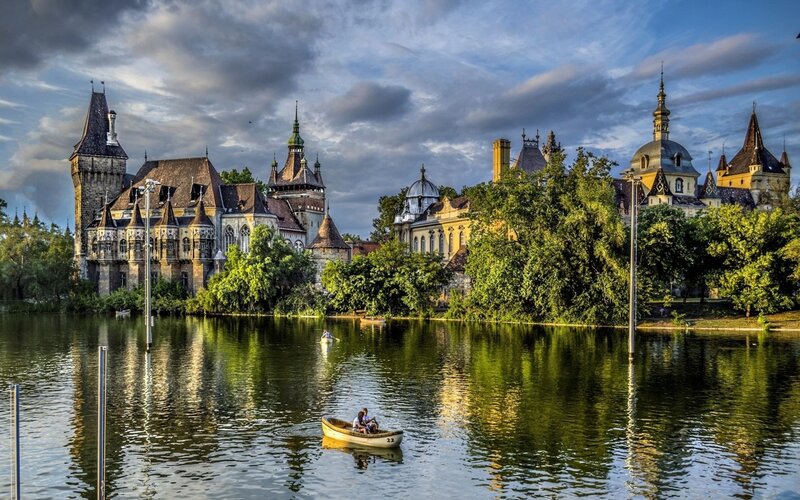 Castle on Lake Shore — Blue, Serene, Afternoon, Photograph, Boat