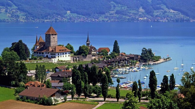 Castle on Lake Shore — Blue, Serene, Afternoon