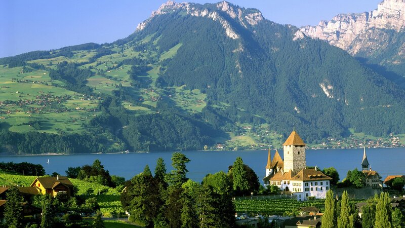Castle on Lake Shore — Green, Serene, Afternoon, Photograph, Mountain
