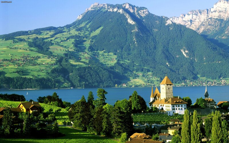 Castle on Lake Shore — Green, Serene, Afternoon, Photograph, Mountain, Vineyard, Village