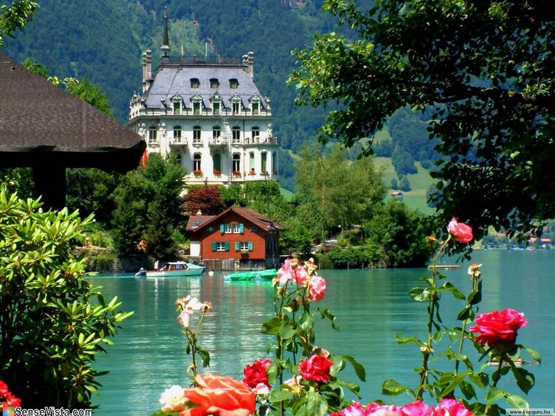 Castle on Lake Shore — Green, Serene, Afternoon, Photograph