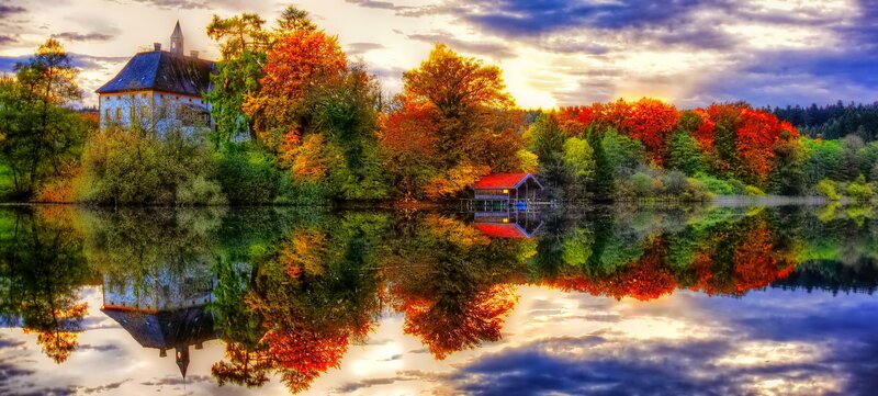 Castle on Lake Shore — Orange, Serene, Autumn
