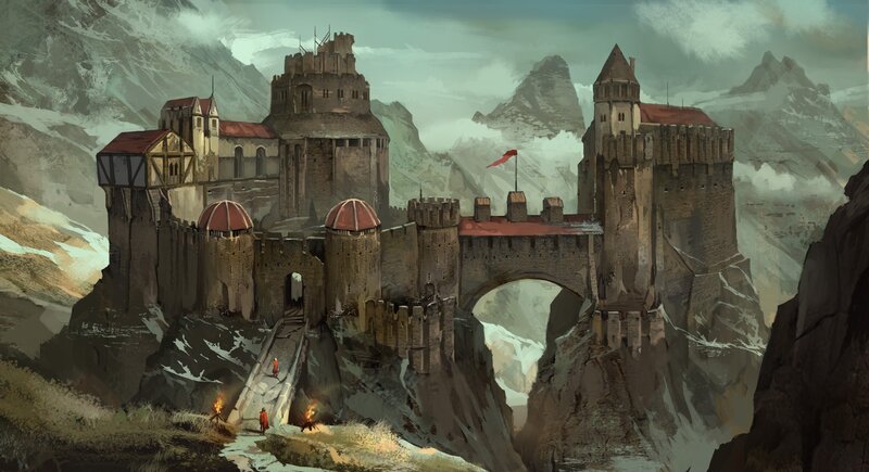 Castle on Mountain Cliff — Gray, Dramatic, Winter, Digital Art, Mountains, Flag