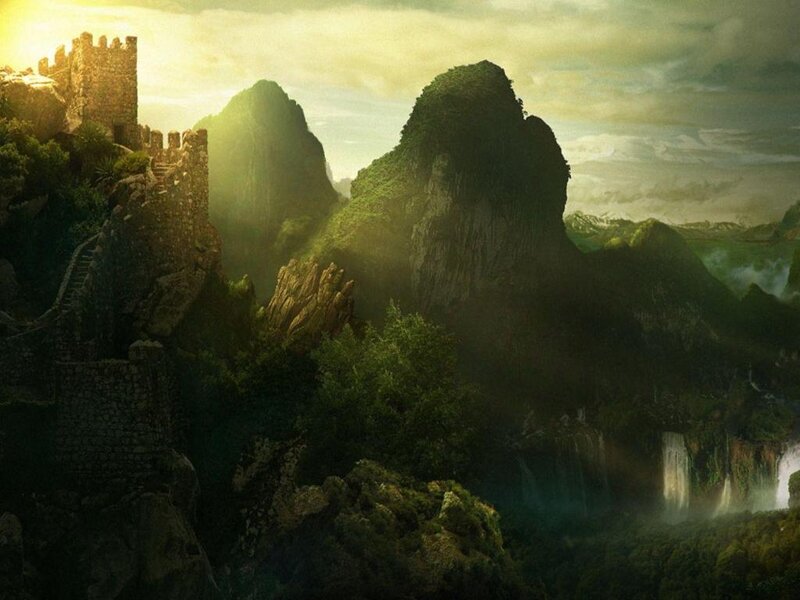 Castle on Mountain Cliff — Green, Dramatic