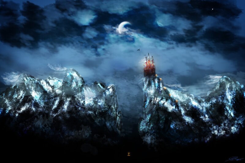 Castle on Mountain Peak — Blue, Dramatic, Night, Digital Art, Moon