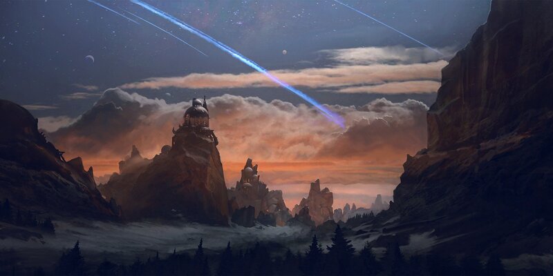 Castle on Mountain Peak — Blue, Dramatic, Night, Digital Art, Mountains