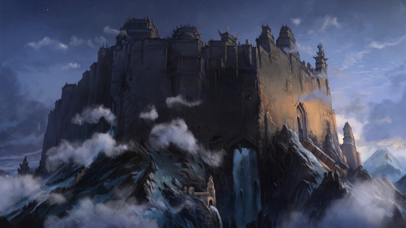 Castle on Mountain Peak — Blue, Dramatic, Night, Digital Art