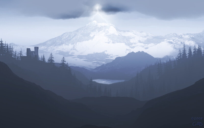 Castle on Mountain Peak — Blue, Dramatic, Night