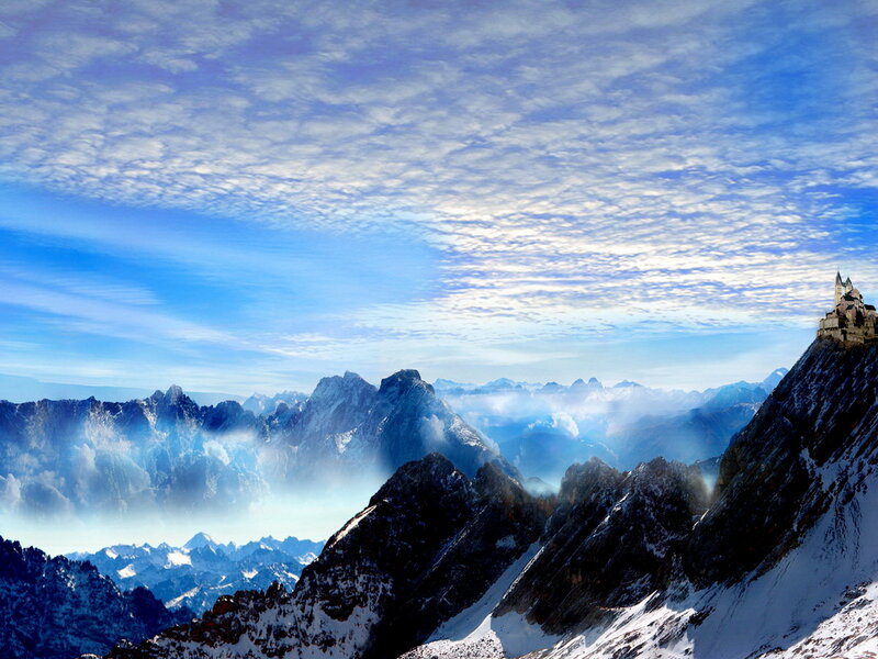 Castle on Mountain Peak — Blue, Dramatic