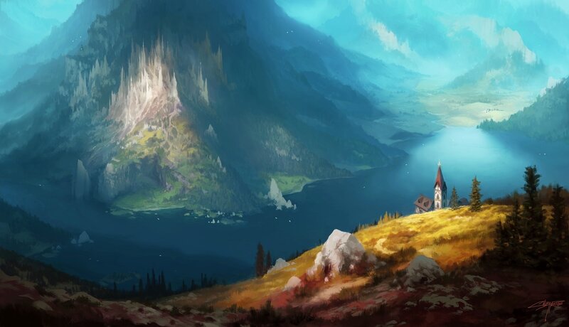 Castle on Mountain Peak — Blue, Serene