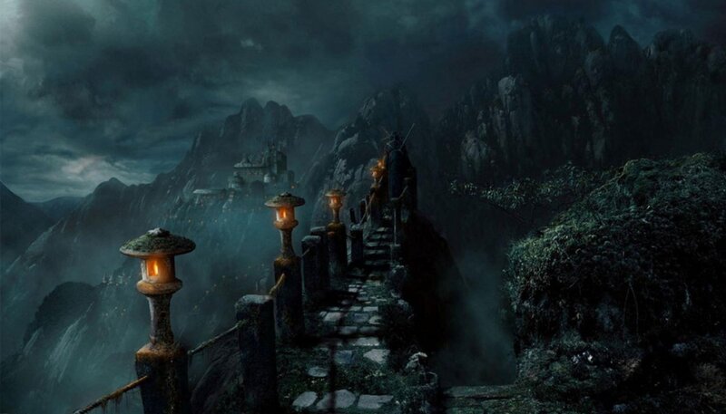 Castle on Mountain Peak — Dark Blue