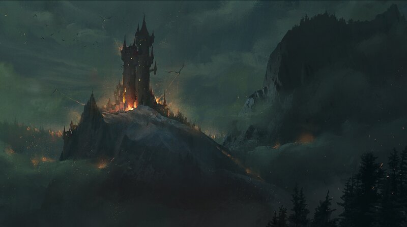 Castle on Mountain Peak — Dark Green