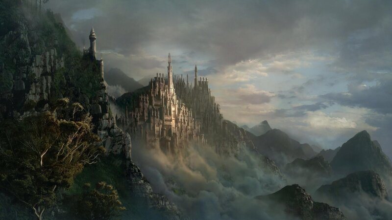 Castle on Mountain Peak — Gray, Dramatic, Digital Art, Clouds