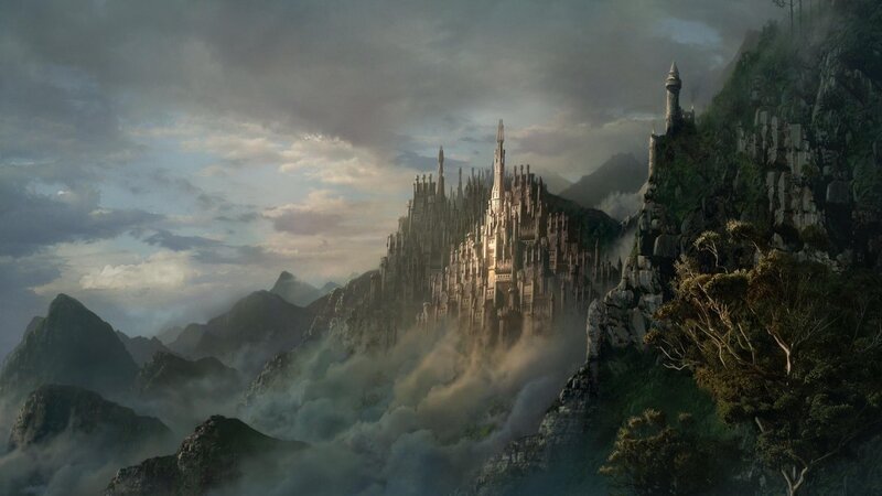 Castle on Mountain Peak — Gray, Dramatic, Digital Art, Mountains, Clouds, Trees