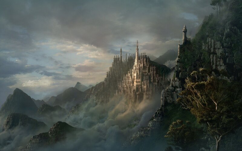 Castle on Mountain Peak — Gray, Dramatic, Digital Art, Mountains