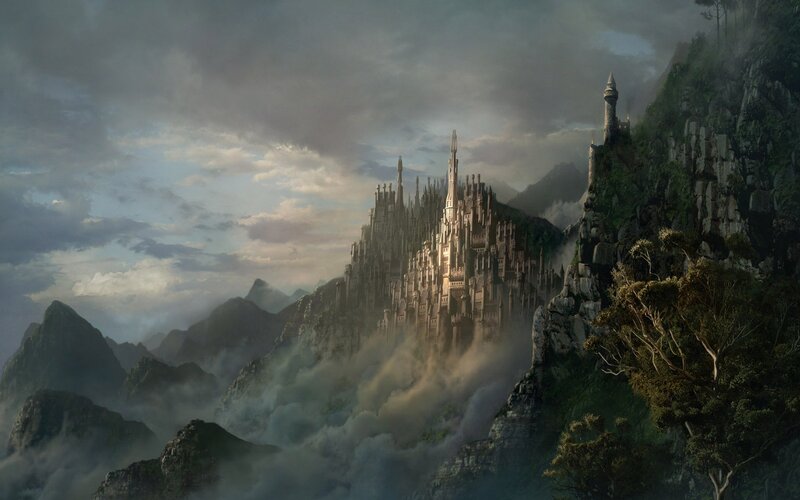 Castle on Mountain Peak — Gray, Dramatic, Digital Art