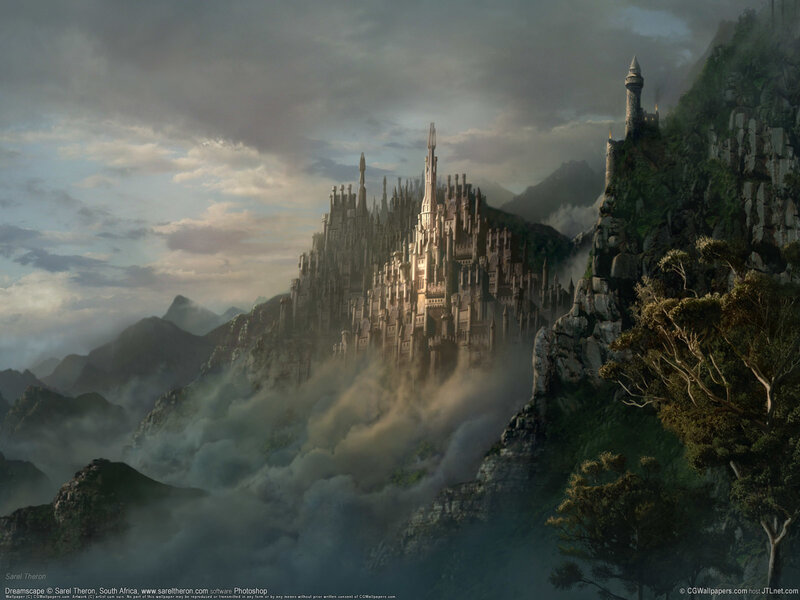 Castle on Mountain Peak — Gray, Dramatic, Morning, Digital Art, Clouds