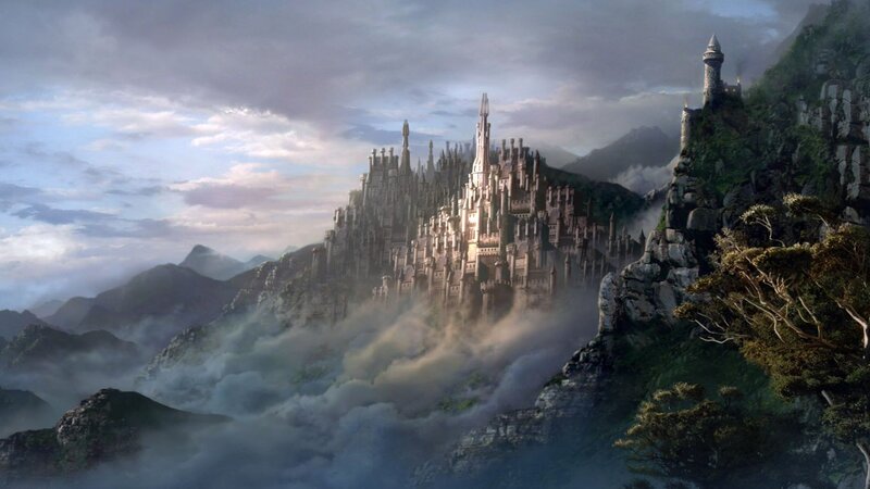 Castle on Mountain Peak — Gray, Dramatic, Morning, Digital Art, Mountains