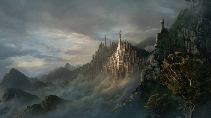 Castle on Mountain Peak — Gray, Dramatic, Morning, Digital Art