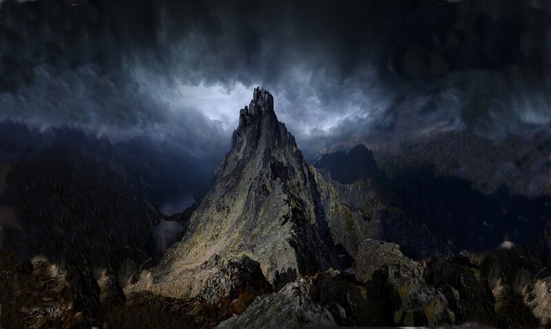Castle on Mountain Peak — Gray, Dramatic, Night