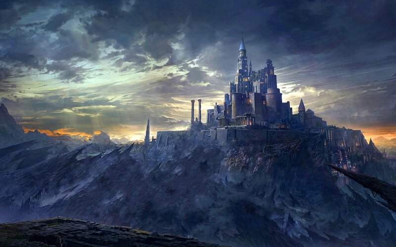 Castle on Mountain Peak — Gray, Dramatic, Sunset, Digital Art