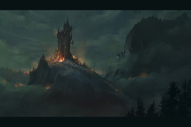 Castle on Mountain Peak — Green, Dramatic, Night, Digital Art