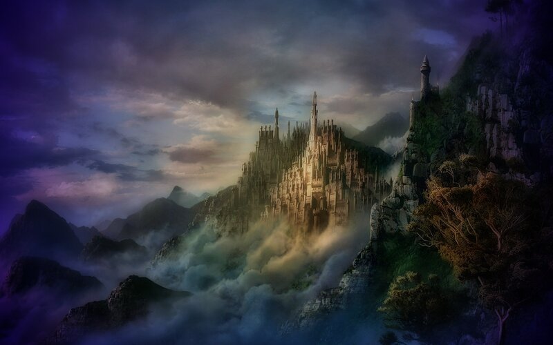 Castle on Mountain Peak — Purple, Dramatic