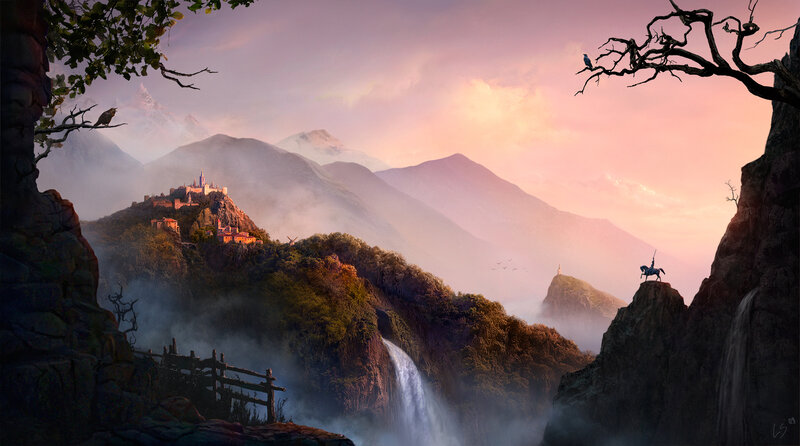 Castle on Mountain Peak — Purple, Serene, Sunset