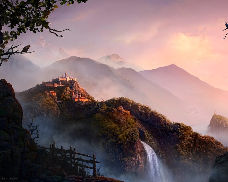 Castle on Mountain Peak — Purple, Serene