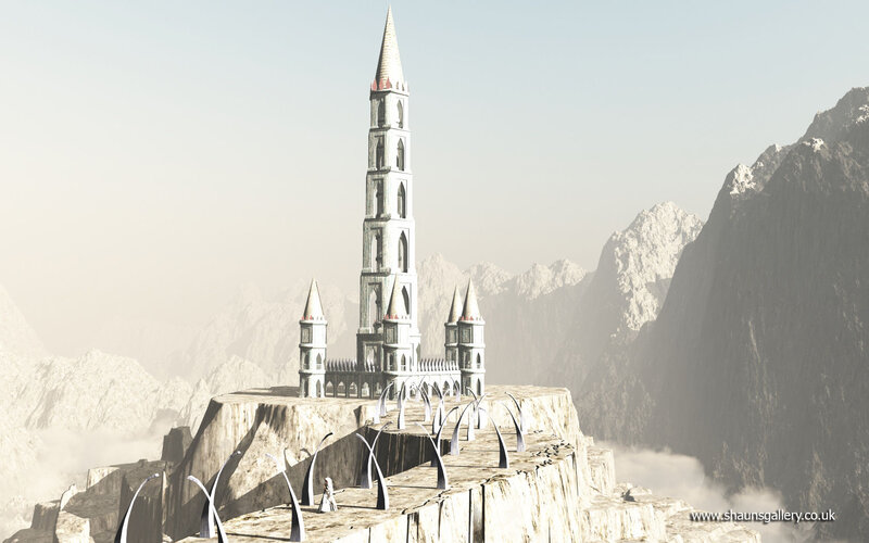 Castle on Mountain Peak — White, Serene