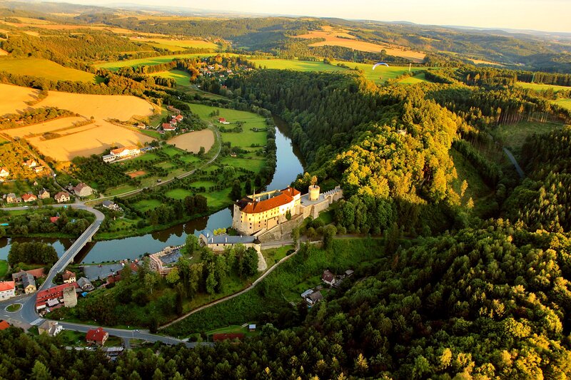 Castle on River Bend — Green, Serene, Sunset