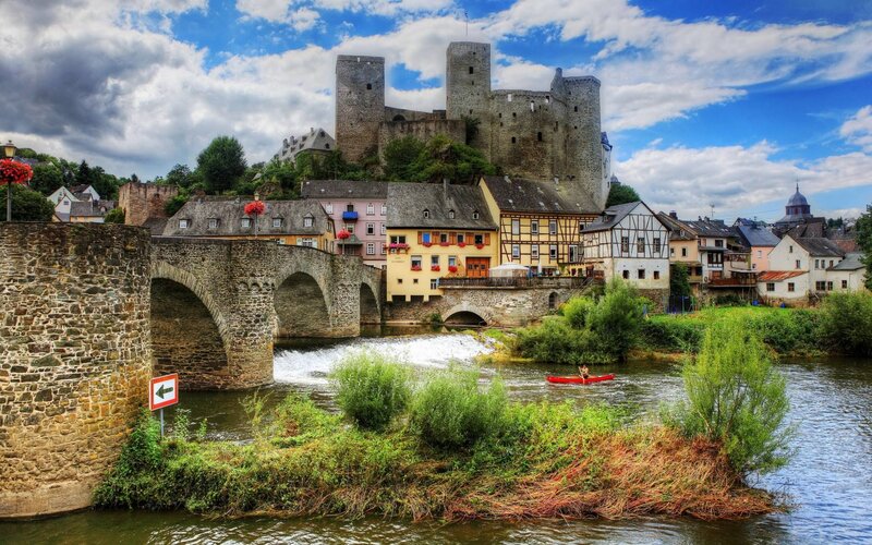 Castle on Riverbank — Blue, Dramatic, Afternoon