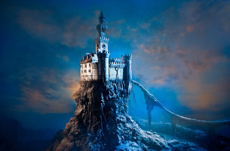 Castle on Rocky Cliff — Blue, Dramatic, Night, Digital Art