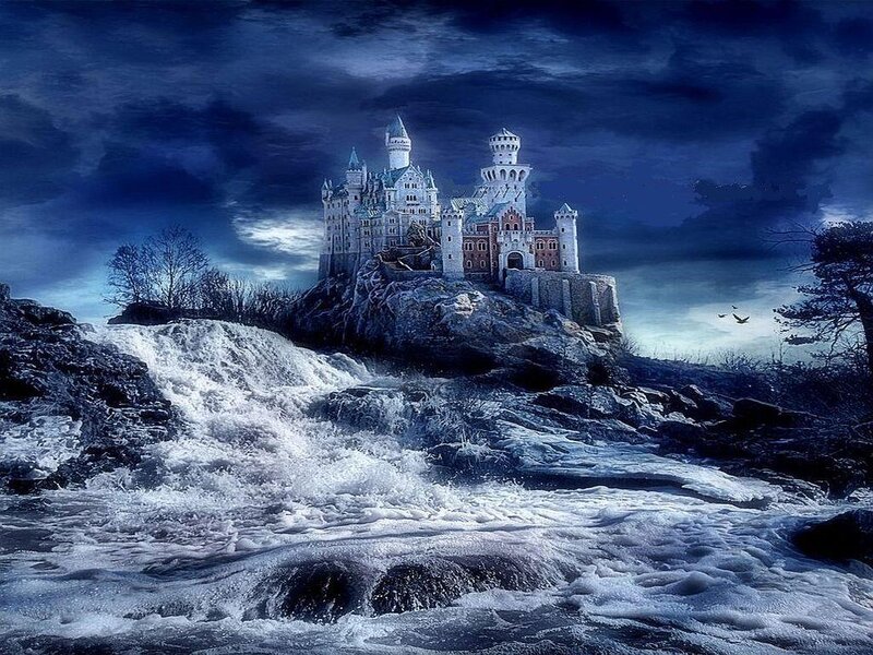 Castle on Rocky Cliff — Blue, Dramatic, Night