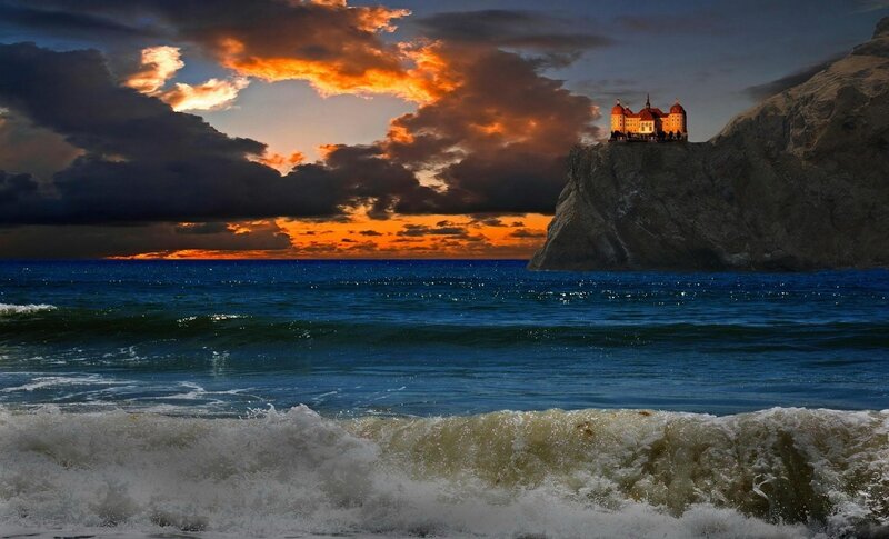 Castle on Rocky Cliff — Blue, Dramatic, Sunset