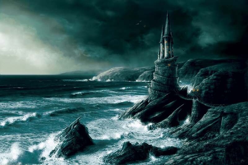 Castle on Rocky Cliff — Dark Blue