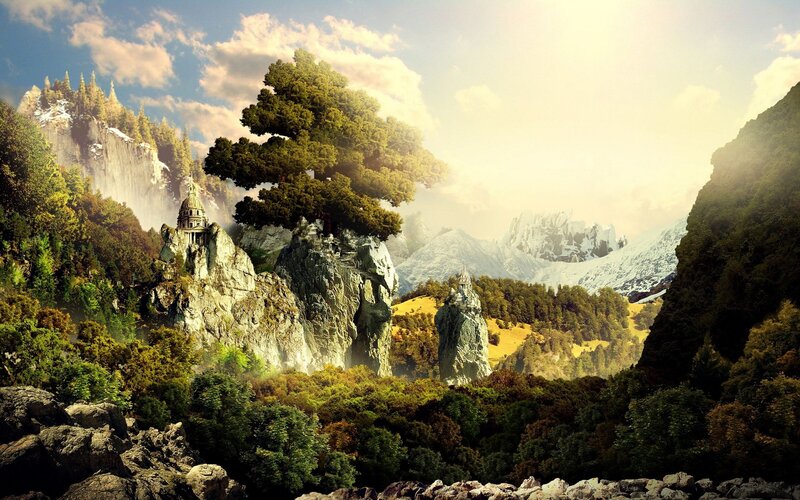 Castle on Rocky Cliff — Green, Serene, Afternoon, Digital Art, Mountains, Trees, Forest