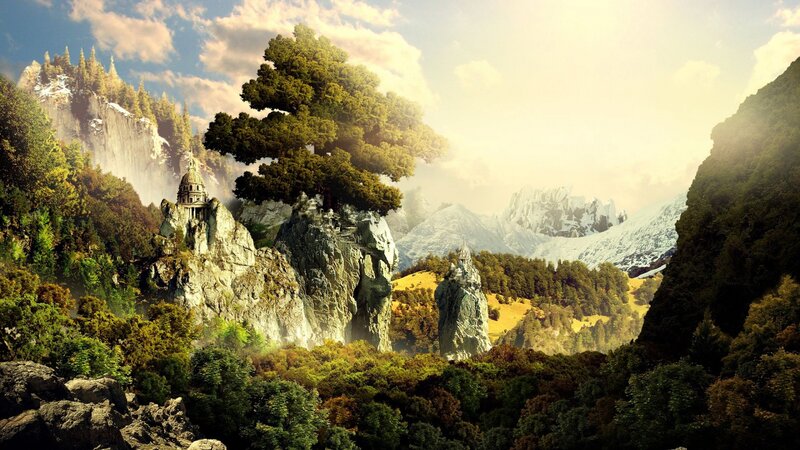 Castle on Rocky Cliff — Green, Serene, Afternoon, Digital Art, Mountains, Trees