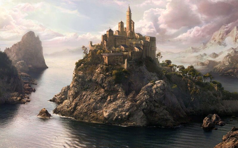 Castle on Rocky Island — Blue, Dramatic, Afternoon, Digital Art, Sea, Mountains